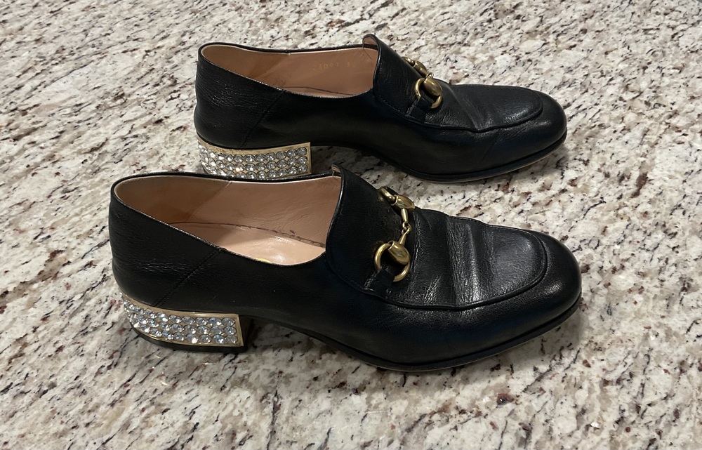 Gucci Brixton Horsebit Loafer with Crystal Embellished Heel — Black Leather — Si